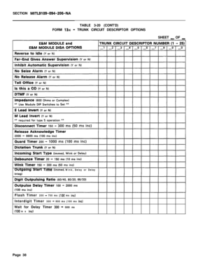 Page 204SECTION MITL9109-094-206-NATABLE 3-20 (CONT’D)
FORM 
13% - TRUNK CIRCUIT DESCRIPTOR OPTIONS
SHEET 
_ OF _
Ime(Immed, Wink,Delay or Delay
Flash Timer 200 
- 700 ms (IO@ ms inc)Interdigit Timer 300 
+ 800 ms (100 ms inc)Wait for Delay Timer 
300 - 5000 ms
(100 ms inc)Page 38 