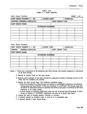 Page 215Installation Forms
TABLE 3-24
FORM 17 - HUNT GROUPS
Hunt Group Function:
SHEET 
_ OF _
IIIIIIIIHunt Group Function:
HUNT GROUP NUMBER (1 
- 50):
HUNTING (TERMINAL/CIRCULAR):ACCESS CODE :
OVERFLOW :1 HUNT GROUP TYPE:
IIII IIIIIINotes: 1. There are a maximum of 50 members per Hunt Group; the system supports a maximum
of 50 Hunt Groups.
2. Specify an Access Code for the Hunt Group.3. Specify each member of the Hunt Group by extension number. Hunting occurs in the
order that the members are entered.
4....