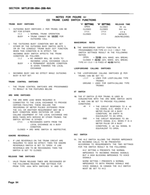Page 260SECTION MITL9109-094-206-NANOTES FOR FIGURE 4-l
CO TRUNK CARD SWITCH FUNCTIONS
TRUNK BUSY SWITCHES
1.OUTGOING BUSY SWITCHES (1 PER TRUNK) CAN BE
SET FOR EITHER:
IDLE- NORMAL TRUNK OPERATION
BUSY
- TRUNK CANNOT BE SEIZEC FOR
OUTGOING CALL
2.THE “OUTGOING BUSY” CONDITION MAY BE SET
EITHER BY THE OUTGOING BUSY SWITCH (NOTE I),
OR BY THE CONSOLE “TRUNK BUSY OUT” FUNCTION.
WHEN THIS CONDITION IS IN EFFECT, THE
INCOMING BUSY SWITCH AFFECTS THE TRUNK
CONDITION AS FOLLOWS:
IDLE- NO ANSWER WILL BE GIVEN TO...