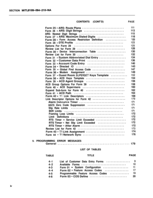 Page 320SECTION MITL9109-094-210-NACONTENTS (CONT’D)
PAGEForm 25 
- ARS: Route Plans............................111
Form 26- ARS: Digit Strings...........................113
ARS: Nested Digit Strings..............................
115
Form 27
- ARS: Maximum Dialed Digits...................118Form 28 
-Form Access Restriction Definition..............‘120
Form 29- DTE Profile................................123
Options For Form 29.................................125
Review List for Form...