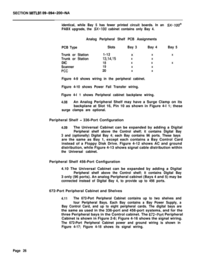 Page 34SECTION MITLSI 09-094-200-NA
identical, while Bay 5 has fewer printed circuit boards. In an SX-lClO@
PABX upgrade, the SX-700 cabinet contains only Bay 4.
Analog Peripheral Shelf PCB Assignments
PCB TypeSlotsBay 3Bay 4Bay 5
Trunk or Station
Trunk or Station
DIC
Scanner
PCC1-12
X.XX
13,14,15XX
18XXX
19XX
20XX
Figure 4-9 shows wiring in the peripheral cabinet.
Figure 4-10 shows Power Fail Transfer wiring.
Figure 4-l 1 shows Peripheral cabinet backplane wiring.
4.08An Analog Peripheral Shelf may have a...