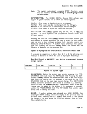 Page 337Customer Data Entry (CDE)Note:The system automatically programs DTMF Receivers where
they are installed, provided nothing is already programmed
for that circuit.
4-SYSTEM TYPE:The SX-200 DIGITAL Generic 1003 software can
support 4 system variants, two of which are interchangeable;
336 Port 
- This variant is digital and cannot be changed.
456-Port 
- This variant can be interchanged with the 480-port.
480-Port - This variant can be interchanged with the 456-port.
672-Port 
- This variant is digital and...