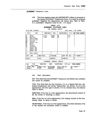 Page 367Customer Data Entry (CDE)d
SUPERSET Telephone Lines
4.39This form appears when the EXPAND SET softkey is pressed in
the 
StatiorVSlJPERSET Telephones form. It is used to program
SUPERSET telephone line appearances and feature keys. Refer to Table
4-l 5, 
SUPERSET Telephone Lines for the Yorm layout.TABLE 4-15
SUPERSET TELEPHONE LINES
CDE TERMINAL DISPLAY
IO:15 PM 15-JAN-88alarm status = NO ALARM
KEYTYPEDIRECTIONRINGSECRETARIALEXT NW TRUUK NCMBER
x:PrimeI n/Outlmned No2110
MultipleI n/OutDelay No2111...