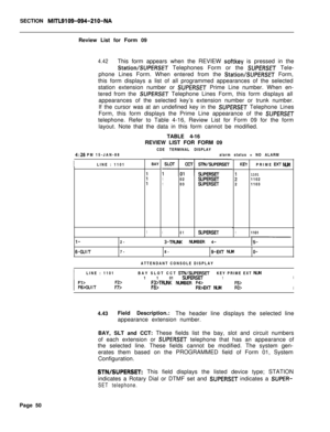 Page 372SECTION MITL9109-094-210-NAReview List for Form 09
4.42This form appears when the REVIEW softkey is pressed in the
Station/SUPERSET Telephones Form or the SUPERSET Tele-
phone Lines Form. When entered from the 
Station/SUPERSET Form,
this form displays a list of all programmed appearances of the selected
station extension number or 
SUPERSET Prime Line number. When en-
tered from the 
SUPERSET Telephone Lines Form, this form displays all
appearances of the selected key’s extension number or trunk...