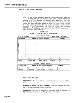 Page 376SECTION MITLSI 09-094-210-NAForm 11
- Data Circuit Descriptor
4.48A data circuit descriptor specifies the parameters the data pro-
cessing software and attached DTE (Data Terminal Equipment)
require. This form provides 25 programmable descriptors. The main
form displays the descriptor numbers and the number of circuits asso-
ciated with each descriptor. (Refer to Table 4-18, Data Circuit Descrip-
tor). The system generates the data in this form based on the entries
in Form 12, Data Assignment. The user...