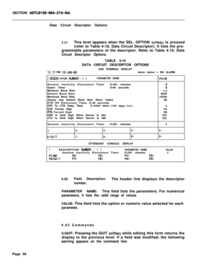 Page 378SECTION MITL9109-094-210-NAData Circuit Descriptor Options
4.51This form appears when the SEL. OPTION softkey is pressed
(refer to Table 4-18, Data Circuit Descriptor). It lists the pro-
grammable parameters of the descriptor. Refer to Table 4-19, Data
Circuit Descriptor Options.TABLE 4-19
DATA CIRCUIT DESCRIPTOR OPTIONS
CDE TERMINAL DISPLAY
12:17 PM 15-JAN-88alarm status = NO ALARM
1 DESCRI PTOR NLBIBER : 1 IPARAMETER NAME--lvnluESession Inactivity Disconnect TimerO-255 minutes
Guard TimerO-99 seconds...