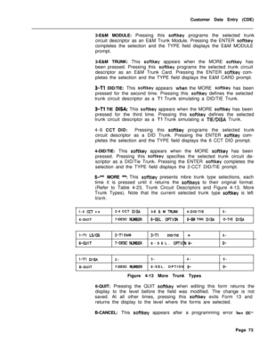 Page 395Customer Data Entry (CDE)
3-E&M MODULE: Pressing this softkey programs the selected trunk
circuit descriptor as an E&M Trunk Module. Pressing the ENTER 
softkeycompletes the selection and the TYPE field displays the E&M MODULE
prompt.
3-E&M TRUNK: This 
softkey appears when the MORE softkey has
been pressed. Pressing this 
softkey programs the selected trunk circuit
descriptor as an E&M Trunk Card. Pressing the ENTER 
softkey com-
pletes the selection and the TYPE field displays the E&M CARD prompt.
3-Tl...