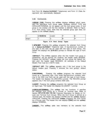 Page 413Cu’stomer Data Entry (CDE)
from Form 09 
(Station/SUPERSET Telephones) and Form 12 (Data As-
signment) are automatically displayed.
4.80 Commands
l-GROUP TYPE: Pressing this 
soYkey displays softkeys which repre-
sent the alternative Hunt Group 
iypes. (Softkeys GROUP TYPE and
CIRCULAR/TERMINAL do not appear until the hunt group exists. A hunt
group is not created until the first member is defined). Refer to Figure
4-14, Hunt Group Types. Note that the selected group type does not
appear on the 
sof-tkey...