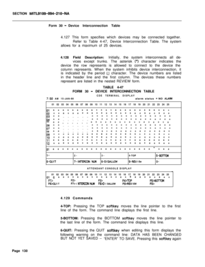 Page 452SECTION MITL9109-094-210-NAForm 30 
-Device Interconnection Table
4.127 This form specifies which devices may be connected together.
Refer to Table 4-47, Device Interconnection Table. The system
allows for a maximum of 25 devices.
4.128 Field Description:Initially, the system interconnects all de-
vices except trunks. The asterisk 
(*) character indicates the
device the row represents is allowed to connect to the device the
column represents. When the system inhibits device interconnection, it
is...