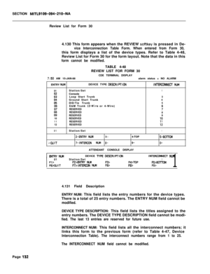 Page 454SECTION MITL9109-094-210-NAReview List for Form 30
4.130 This form appears when the REVIEW 
softkey is pressed in De-
vice Interconnection Table Form. When entered from Form 30,this form displays a list of the device types. Refer to Table 4-48,
Review List for Form 30 for the form layout. Note that the data in this
form cannot be modified.TABLE 4-48
REVIEW LIST FOR FORM 30
CDE TERMINAL DISPLAY
7:50 AM 15-JAN-88alarm status = NO ALARM
ENTRY 
NlADEVICE TYPE DESCRIFTl(3NINTERCOMUECT Nlhl
01Station/Set1...