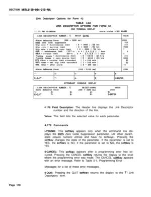 Page 492SECTION MITL9109-094-210-NALink Descriptor Options for Form 42
TABLE 4-64
LINK DESCRIPTOR OPTIONS FOR FORM 42
CDE TERMINAL DISPLAY
‘II :Ol PM 15-JAN-88alarm status = NO ALAIW
‘[ LINK DESCRIPTOR NWIBER : 11IN/CUT GOINGAlarm 
debounce timer(300 - 3200 ms)B8ZS zero code suppression
Slip rate - maintenance limit( 0 - 9000 ) /24 hrs
Slip rate - service limit( 0 - 9000 ) /24 hrs
Slip rate - network sync limit( 0 - 9000 ) /24 hrs
BER - maintenance limit(IO**-n , n = ( 3,4,5,6 )I / hour
BER - service...