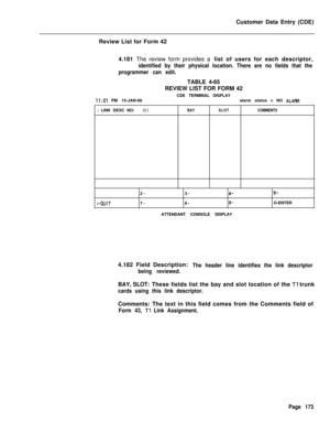 Page 495Customer Data Entry (CDE)
Review List for Form 42
4.181 The review form provides a list of users for each descriptor,identified by their physical location. There are no fields that the
programmer can edit.TABLE 4-65
II:01 PM 15-JAN-88REVIEW LIST FOR FORM 42
CDE TERMINAL DISPLAY
alarm status = NO ALARM: LINK DESC NO:
011BAYSLOTCOMMENTS2-3-
4-5-
i-WIT7-8-9-O-ENTER
ATTENDANT CONSOLE DISPLAY
4.182 Field Description:
The header line identifies the link descriptor
being reviewed.BAY, SLOT: These fields list...