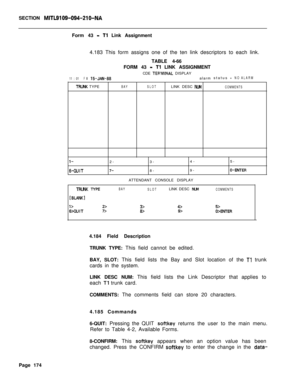 Page 496SECTION MITL9109-094-210-NAForm 43 
- Tl Link Assignment
4.183 This form assigns one of the ten link descriptors to each link.
TABLE 4-66
FORM 43 
- Tl LINK ASSIGNMENT
CDE 
TERMII\!AL DISPLAY
11 : 01FM15-JAN-88alarmstatus=NO ALARM
TRUUK TYPEBAYSLOTLINK DESC Nlhl
COMMENTS
l-2-3-4-5-
6-QUIT7-8-9-0-EMERATTENDANT CONSOLE DISPLAY
TRUUK TYPEBAY
SLOTLINK DESC NWl
COMMENTS
[BLANK]
I>2>3>4>6xlJlT7>8>9>FGNTER4.184 Field Description
TRUNK TYPE: This field cannot be edited.
BAY, SLOT: This field lists the Bay and...