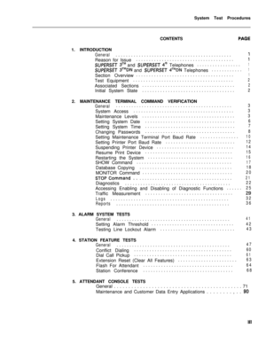 Page 521System Test Procedures
CONTENTS
1. INTRODUCTIONGeneral.............................................1Reason for Issue......................................
1
SUPERSET 31M and SUPERSET 4@ Telephones.................1
SUPERSET 3TMDN and SUPERSET 4TMDN Telephones............1Section Overview......................................
1Test Equipment.......................................
2Associated Sections....................................
2Initial System State....................................
22....