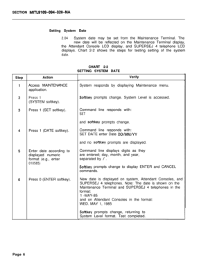 Page 530SECTION MITL9109-094-320-NAStepSetting System Date
2.04System date may be set from the Maintenance Terminal. The
new date will be reflected on the Maintenance Terminal display,
the Attendant Console LCD display, and SUPERSEJ 4 telephone LCD
displays. Chart 2-2 shows the steps for testing setting of the system
date.CHART 2-2
SETTING SYSTEM DATE
Action
Access MAINTENANCE
application.
Press 1(SYSTEM softkey).
Press 1 (SET softkey).
Press 1 (DATE softkey).
Enter date according to
displayed numeric
format...