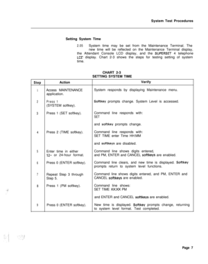 Page 532System Test Procedures: .>;;.:Setting System Time
2.05System time may be set from the Maintenance Terminal. The
new time will be reflected on the Maintenance Terminal display,
the Attendant Console LCD display, and the 
SUPERSET 4 telephone
LCL’ display. Chart 2-3 shows the steps for testing setting of system
time.
CHART 2-3
SETTING SYSTEM TIME
StepActionVerify
1Access MAINTENANCESystem responds by displaying Maintenance menu.
application.
2Press 1Softkey prompts change. System Level is accessed.
(SYSTEM...