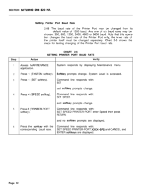 Page 537SECTION MITL9109-094-320-NASetting Printer Port Baud Rate
2.08 The baud rate of the Printer Port may be changed from its
default value of 1200 baud. Any one of six baud rates may be
chosen: 300, 600, 1200, 2400, 4800 or 9600 baud. Note that this opera-
tion changes the baud rate of the Printer Port only; the 
b,3ud rate of
the printer itself must be changed separately. Chart 2-6 shows the
steps for testing changing of the Printer Port baud rate.
CHART 2-6
SETTING PRINTER PORT BAUD RATE
StepActionVerify...