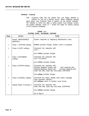 Page 543SECTION MITL9109-094-320-NADatabase Copying
2.13Customer Data may be copied from one floppy diskette to
another for use as a backup source. When database copying
takes place, only Customer Data is copied, not the system software.
Thr! diskette to which the data is being copied must already contain
the system software. Chart 2-l 1 shows the steps for testing copying
of the Customer Database.
CHART 2-11
SYSTEM LEVEL: DATABASE COPYING
StepActionVerify
1Access MAINTENANCESystem responds by displaying...