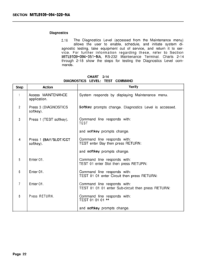 Page 547SECTION MITL9109-094-320-NADiagnostics
2.16The Diagnostics Level (accessed from the Maintenance menu)
allows the user to enable, schedule, and initiate system di-
agnostic testing, take equipment out of service, and return it to ser-
vice. For further information regarding these, refer to Section
MITL9109-094-351-NA, RS-232 Maintenance Terminal. Charts 2-14
through 2-18 show the steps for testing the Diagnostics Level com-
mands.
CHART 2-14
DIAGNOSTICS LEVEL: TEST COMMAND
StepActionVerify
1Access...
