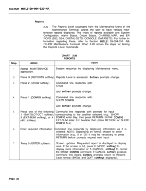 Page 561SECTION MITL9109-094-320-NAReports
2.20The Reports Level (accessed from the Maintenance Menu of the
Maintenance Terminal) allows the user to have various main-
tenance reports displayed. The types of reports available are: System
Configuration, Alarm Status, Circuit Status, CHANNEL-MAP, and ER-
RORS (SS3, SS4, DIGITAL-SETS, CONSOLE, DATASETS). For further in-
formation regarding these, refer to Section 
MITLSI 09-094-351 -NA,
RS-232 Maintenance Terminal. Chart 2-20 shows the steps for testing
the Reports...