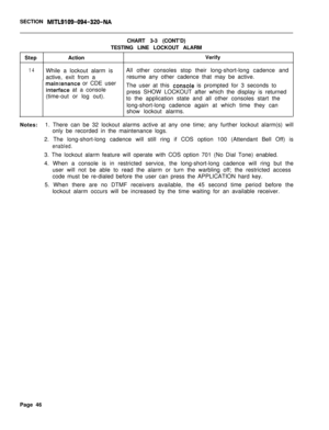 Page 571SECTION MITL9109-094-320-NACHART 3-3 (CONT’D)
TESTING LINE LOCKOUT ALARM
StepActionVerify
14While a lockout alarm isAll other consoles stop their long-short-long cadence and
active, exit from aresume any other cadence that may be active.
maimenance or CDE user
intetface at a consoleThe user at this donsole is prompted for 3 seconds to
(time-out or log out).press SHOW LOCKOUT after which the display is returned
to the application state and all other consoles start the
long-short-long cadence again at...