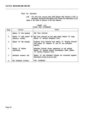 Page 589SECTION MITL9109-094-320-NAFlash For Attendant
4.09For this test, ensure that COS Option 203, Broker’s Call, is
disabled, and that COS Option 224, Flash For Attendant, is en-
abled in the Class of Service of the test stations.CHART 4-14
FLASH FOR ATTENDANT
StepActionVerify
1Station “A” lifts handset.Dial Tone returned.
2Station “A” dials station “B” Dial Tone removed on first digit dialed. Station “B” rings.
directory number.Station “A” receives 
Ringback Tone.
3Station “B” lifts handset.
Ringback Tone...