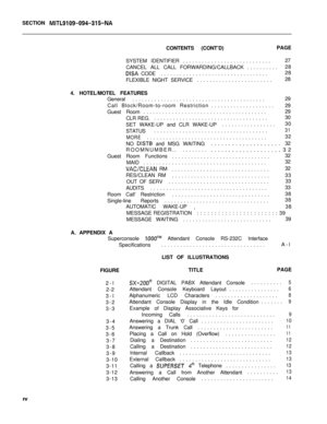 Page 169SECTION MITL9109-094-315-NACONTENTS (CONT’D)PAGE
SYSTEM IDENTIFIER............................27
CANCEL ALL CALL FORWARDING/CALLBACK..........28
DISA CODE..................................28
FLEXIBLE NIGHT SERVICE........................28
4. HOTEL/MOTEL FEATURES
General..........................................29
Call Block/Room-to-room Restriction....................29
Guest Room.......................................29
CLR REG.....................................30
SET WAKE-UP and CLR...