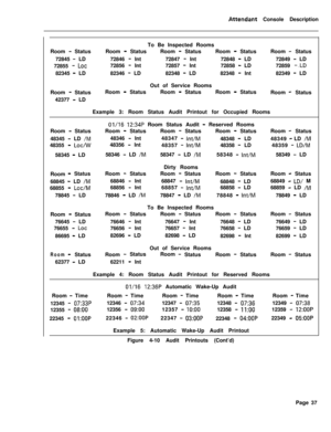 Page 209A%tendant Console Description
Room 
- Status
72845 
- LD
72855 
- Lot82345 
- LD
Room 
- Status
42377 
- LDTo Be Inspected Rooms
Room 
- StatusRoom - StatusRoom - StatusRoom- Status
72846 
- Int72847 - Int72848 - LD72849 - LD
72856 
- Int72857 - Int72858 - LD72859 -..LD82346 
- LD82348 - LD82348 - Int82349 - LD
Out of Service Rooms
Room 
- StatusRoom - StatusRoom - Status
Room- Status
Example 3: Room Status Audit Printout for Occupied Rooms
01/16 12:34P Room Status Audit - Reserved Rooms
Room 
-...