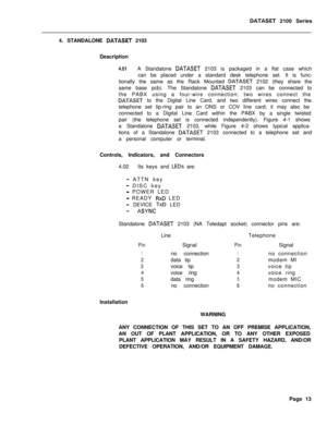 Page 253DATASET 2100 Series
4. STANDALONE 
DATASET 2103
Description
4.01A Standalone DATASET 2103 is packaged in a flat case which
can be placed under a standard desk telephone set. It is func-
tionally the same as the Rack Mounted 
DATASET 2102 (they share the
same base pcb). The Standalone 
DATASET 2103 can be connected to
the PABX using a four-wire connection; two wires connect the
DATASET to the Digital Line Card, and two different wires connect the
telephone set tip-ring pair to an ONS or COV line card; it...