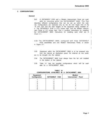 Page 2703. CONFIGURATIONS
General3.01A DATASHELF 9100 and a Modem lnterconnnect Panel are avail-
able for mounting within the DATACABINET 9000. This Part
describes different configurations that can be set up within the cabi-
net. Configurations are restricted only by the 35 inch height limit of the
19 inch rack and the total heights of the equipment being installed on
it. The DATASHELF 9100 is 8.75 inches high, and the Modem Intercon-
nect Panel is 3.5 inches high. Part 4 contains instructions for installing
the...