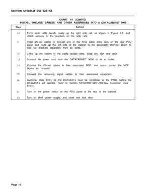 Page 273SECTION MITL9141-753-525-NACHART 4-l (CONT’D)
INSTALL SHELVES, CABLES, AND OTHER ASSEMBLIES INTO A 
DATACABINET 9000
StepAction
10Form each cable bundle neatly up the right side rail, as shown in Figure 2-2, and
attach securely to the brackets on the side rails.
11Install 25-pair cables in through one of the three cable entry slots on the rear PDU
panel and route up the left side of the cabinet to the associated shelves; attach to
side rail brackets separately from ac cords.
12
13
14Close up the covers...