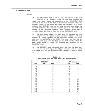 Page 282Datashelf 9100
2. DATASHELF 9100
General2.01The DATASHELF 9100 is 8.75 in. high. The left side of the shelf
holds up to 16 
DATASETs, while the right side contains an
integral shelf power supply. All connections to the DATASHELF 9100
are made at the back of the shelf. Each card has connectors which are
connected directly to the device with which the 
DATASET is to cbm-municate. Each 
DATASET also has an edge connector which plugs into
the shelf backplane; this connector provides power to the card, and...