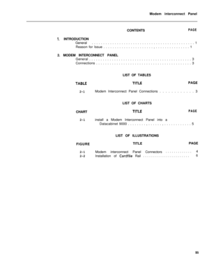 Page 291Modem interconnect Panel
CONTENTSPAGE
1. INTRODUCTION
General. . . . . . . . . . . . . . . . . . . . . . . . . . . . . . . . . . . . . . . . . . . . . 1
Reason for Issue . . . . . . . . . . . . . . . . . . . . . . , . . . . . . . . . . . . . . . 1
2. MODEM INTERCONNECT PANEL
General . . . . . . . . . . . . . . . . . . . . . . . . . . . . . . . . . . . . . . . . . . . . . 3
Connections . . . . . . . . . . . . . . . . . . . . . . . . . . . . . . . . . . . . . . . . . . 3
LIST OF TABLES
2-lModem...