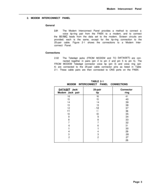 Page 295Modem Interconnect Panel
2. MODEM INTERCONNECT PANEL
General2.01The Modem Interconnect Panel provides a method to connect a
voice tip-ring pair from the PABX to a modem, and to connect
the 
MI/MIC leads from the data set to the modem. Sixteen circuits are
provided; each is the same, except for the tip-ring connection to the
25-pair cable. Figure 2-1 shows the connections to a Modem Inter-
connect Panel.
Connections
2.02The Teledapt jacks (FROM MODEM and TO 
DATASET) are con-
nected together in pairs (pin...