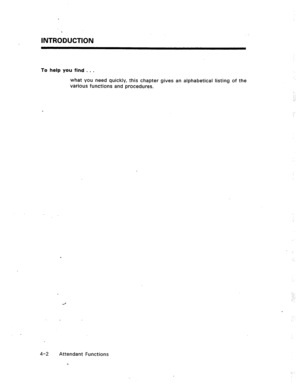 Page 45INTRODUCTION 
To help you find . . . 
what you need quickly, this chapter gives an alphabetical listing of the 
various functions and procedures. 
4-2 Attendant Functions  