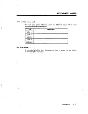 Page 84ATTENDANT NOTES 
Your company may wish . . . 
to have you greet different callers in different ways. Fill in your 
company’s preferences below: 
TYPE 
LDN 1: 
LDN 2: 
LDN 3: 
DIAL 0: 
RECALLS: GREETING 
Use this space . . . 
to record any helpful hints that you may have to assist you and others 
in operating the console. 
Reference 5-11  