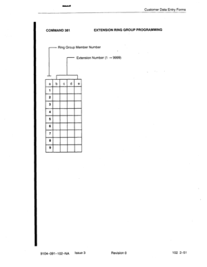 Page 102Customer Data Entry Forms 
COhiMAND 381 
EXTENSION RING GROUP 
Ring Group Member Number 
r 
Extension Number (1 - 9999) PROGRAMMING 
. 
9104-091-l 02-NA Issue 3 
Revision 0 
102 2-51  