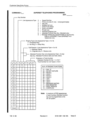 Page 109Customer Data Entry Forms 
COMMAND 4- SUPERSET TELEPHONES PROGRAMMING 
l- 
EXTi 
- Key Number 
- Line Appearance Type 0 = Speed Dial Key 
1 = Prime Line (key 01 only - nonprogrammable) 
2 = Key Line - 
3 = Multiple Call Line 
4 = Direct Trunk Select 
5 = Direct Line Select 
6 = Private Line 
7 = Personal Outgoing Line 
8 = Attendant Function Key (Aux. Attendant only) 
9 = Message Waiting Key (programmable on key 03 only) 
(Valid for SUPERSET 3 and SUPERSET 4 10 
telephones only) 
- Ringing Type (Line...