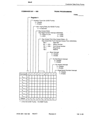 Page 114Customer Data Entry Forms 
COMMANDS 501 - 580 
TRUNK PROGRAMMING 
- Register 4 
TYPE: 
- Dictation Trunk (for LS/GS Trunks) 
0 = Disable 
1 = Enable 
- Inter-ringing Delay (for KS/GS Trunks) 
5 
- 4 
5 
- 4 
Default 4 
0 5 1001000* 3 - 9 seconds 
-Day Answer Mode 
Day Illegal Number Intercept (DID/DISA) 
0 = Direct-In Line 
1 = LDNl 2 = LDN2 
3 = LDN3 
- Day Answer Point (Day Answer Mode = 0) 
Day Inward Dial Trunk Intercept Answer Point (DID/DISA) 
000 = Night Bell 
001 -+ 160= Station Number 
161 +...