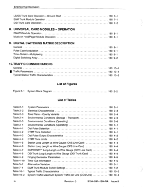 Page 389Engineering Information 
LS/GS Trunk Card Operation - Ground Start 
.................................. 180 7-l 
E&M Trunk Module Operation 
.............................................. 180 7-1 
DID Trunk Card Operation 
................................................. ‘180 7-2 
8. UNIVERSAL CARD MODULES-OPERATION 
RMATS Module Operation 
.................................................. 180 8-l 
Music on Hold/Pager Module Operation .................... .-. 
.................. 180 8-l 
9. DIGITAL...