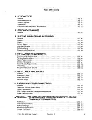 Page 424Table of Contents 
1. INTRODUCTION 
General ............................................................... 
200 l-l 
Reason for Reissue 
....................................................... 200 l-l 
SectionOverview............................-. ........................... 
200 l-l 
Appendices ............................................................ 
200 l-l 
Compliance with Regulatory Requirements 
.................................... 200 l-2 
2. CONFIGURATION LIMITS 
General . . . . . . . . . ....