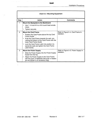 Page 446Installation Procedures 
Chart 5-2 Mounting Equipment 
Step Action Comments 
1. Mount the Backplate to the Backboard. - 
l Use 1 l/4 inch #14 or #16 round head woods- 
crews. 
l Tighten securely. 
2. Mount the Card Frame. Refer to Figure 54, Card Frame In- 
. Position the Card Frame above the top Card stallation. 
Frame Guide. , 
l Push the Card Frame towards the wall, con- 
necting the bottom of the Card Frame with the 
lower Card Frame Guide. 
l Lock the Card Frame Latch into position (to- 
wards the...