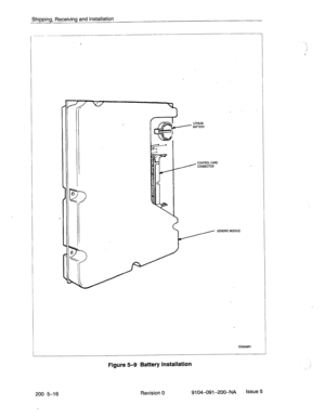 Page 455Shipping, Receiving and Installation 
- 
/ 
f 
UTHIUM 
- BAnEMY 
CONTROL CARD 
/ CONNECTOR 
. 
GENERIC MODULE 
Figure 5-9 Battery Installation 
200 5-16 Revision 0 9104-091-200-NA Issue 5  