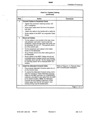 Page 460Installation Procedures 
Chart 5-5 System Cabling 
(continued) 
Step Action 
Comments 
3. 
Connect Cables to Peripheral Cards. _ 
l Tighten the connector retaining screws. DO 
NOT over-tighten. 
l Dress each cable down the front of its periph- 
eral card. 
l Attach the cable to the handle with a cable tie. _ 
l Route cables to the MDF via a separate Cable 
Guide. 
4. 
Secure all Cables. 
l Tie the cables in one bundle to the rear cross- 
web between card slots 7 and 8 under the 
cardframe. Leave enough...