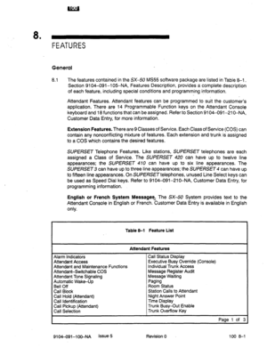 Page 488 . 
FEATURES 
General 
8.1 The features contained in the SX-50 MS55 software package are listed in Table B-1. 
Section 9104-091-l 05-NA, Features Description, provides a complete description 
of each feature, including special conditions and programming information. 
. 
Attendant Features. Attendant features can be programmed to suit the customer’s 
application. There are 14 Programmable Function keys on the Attendant Console 
keyboard and 18 functions that can be assigned. Refer to Section 9104-091-21...