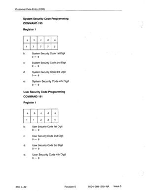 Page 543Customer Data Entry (CDE) 
System Security Code Programming 
COMMAND- 190 
Register 1 
b: System Security Code 1 st Digit 
o- 
9 
Cl: System Security Code 2nd Digit 
04 9 
d: System Security Code 3rd Digit 
o- 9 
e: 
System Security Code 4th Digit 
o+ 
9 
User Security Code Programming 
COMMAND 191 
Register 1 
a b c d e 
1 1 2 3 4 
b: User Security Code 1 st Digit 
o- 9 
C: User Security Code 2nd Digit 
o+= 9 
d: User Security Code 3rd Digit 
o+ 9 
e: 
User Security Code 4th Digit 
o- 
9 
. . 
_ 
210...