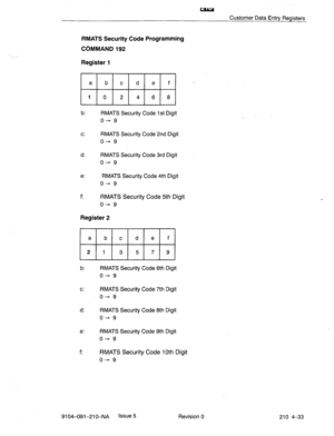 Page 544Llllpol 
Customer Data Entry Registers 
RMATS Security Code Programming 
COMMAND 192 
Register 1 
b: RMATS Security Code 1 st Digit 
o+ 9 
c: RMATS Security Code 2nd Digit 
o+- 9 
d: RMATS Security Code 3rd Digit 
o+- 9 
e: RMATS Security Code 4th Digit 
o+ 9 
f: 
RMATS Security Code 5th Digit 
o+ 
9 
Register 2 
a b c d e f 
2 1 3 5 7 9 
b: RMATS Security Code 6th Digit 
o- 9 
c: RMATS Security Code 7th Digit 
o-9 
d: 
RMATS Security Code 8th Digit 
o-+ 9 
e: RMATS Security Code 9th Digit 
o+ 9 
f:...