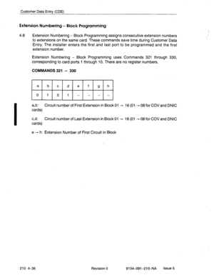 Page 547Customer Data Entry (CDE) 
Extension Numbering - Block Programming 
4.8 Extension Numbering - Block Programming assigns consecutive extension numbers 
to extensions on the same card. These commands save time during Customer Data 
Entry. The installer enters the first and last port to be programmed and the first 
extension number. 
Extension Numbering - Block Programming uses Commands 321 through 330, 
corresponding to card ports 1 through 10. There are no register numbers. 
COMMANDS 321 --, 330 
a b c d...