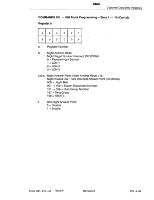 Page 560m 
Customer Data Entry Registers 
COMMANDS 501 - 580 Trunk Programming - Slots 1 - 10 (Cont’d) 
Register 5 
a: 
Register Number 
b: 
Night Answer Mode 
Night Illegal Number Intercept (DID/DISA) 
0 = Flexible Night Service 
1 = LDN 1 
2 = LDN 2 
3=LDN3 
c,d,e: Night Answer Point (Night Answer Mode = 0) 
Night Inward Dial Trunk Intercept Answer Point (DID/DISA) 
000 = Night Bell 
001 - 160 = Station Equipment Number 
161 - 166 = Hunt Group Number 
167 = Ring Group 
168 = RMATS 
f: 
DID Night Answer Point...