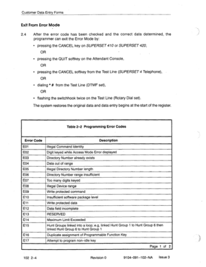 Page 57Customer Data Entry Forms 
Exit From Error Mode 
2.4 After the error code has been checked and the correct data determined, the 
programmer can exit the Error Mode by: 
l pressing the CANCEL key on SUPERSET 470 or SUPERSET 420, 
OR 
E 
E 
E 
E 
E 
E 
E 
E 
E 
E 
E 
E 
E 
E 
E 
E 
E 
l pressing the QUIT softkey on the Attendant Console, 
OR 
l pressing the CANCEL softkey from the Test Line (SUPERSET 4 Telephone), 
OR 
l dialing * # from the Test Line (DTMF set), 
OR 
l flashing the switchhook twice on the...